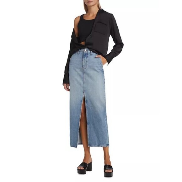 💕DEREK LAM 10 CROSBY Lu High Rise Denim Maxi Skirt Sutton Vintage Blue 28 NWT - Picture 4 of 16